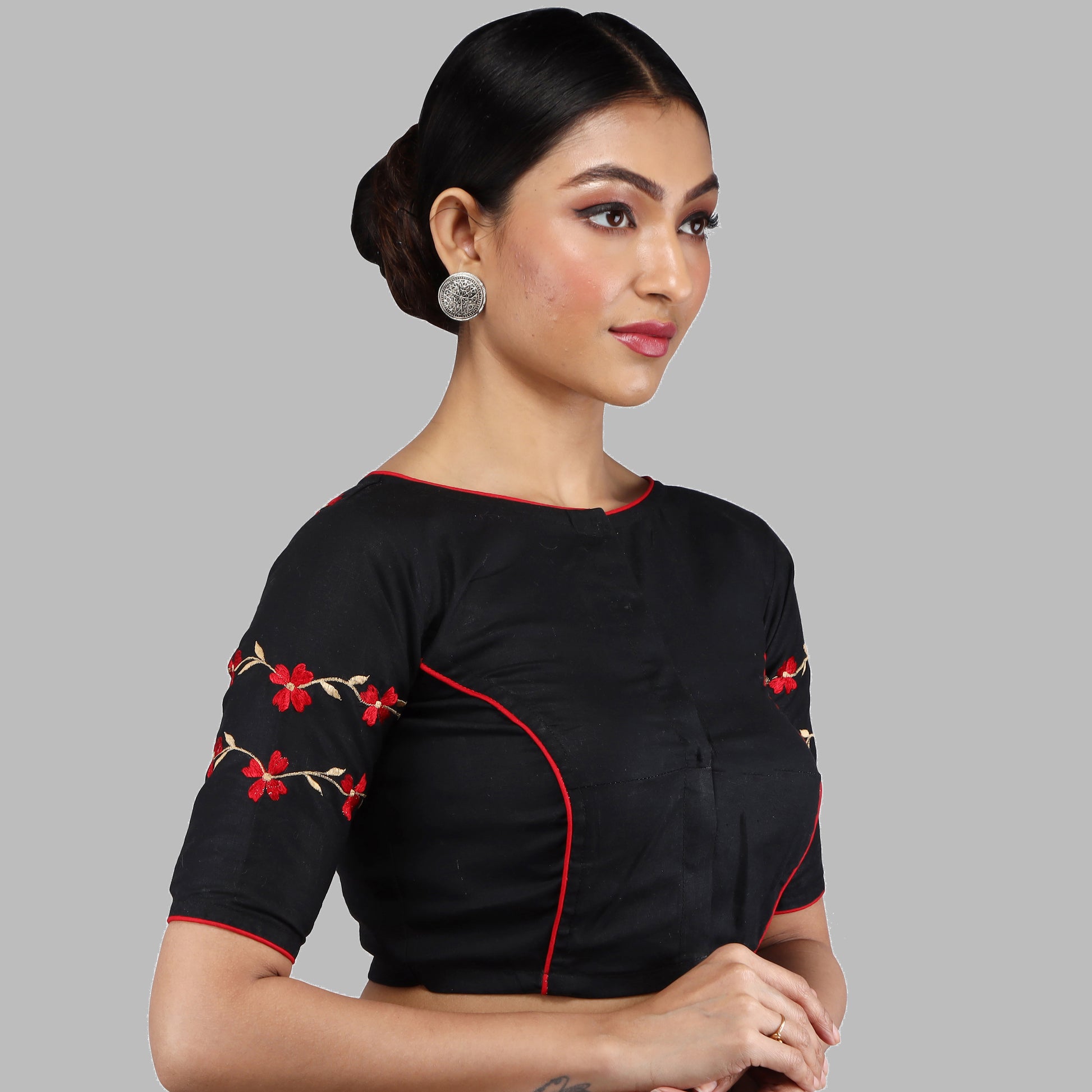 Black Color Cotton Boat Neck Embroidered Design Front Hook and Eye clouse  Elbow Length Sleeves Latest Trendy Festive and Party Saree Blouse for